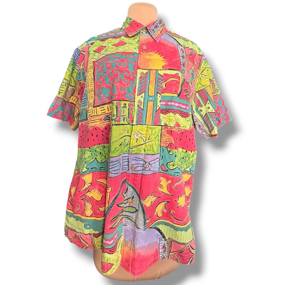 Vintage The Territory Ahead Abstract Tropical Patchwork Print Shirt Resort Top - Picture 9 of 9